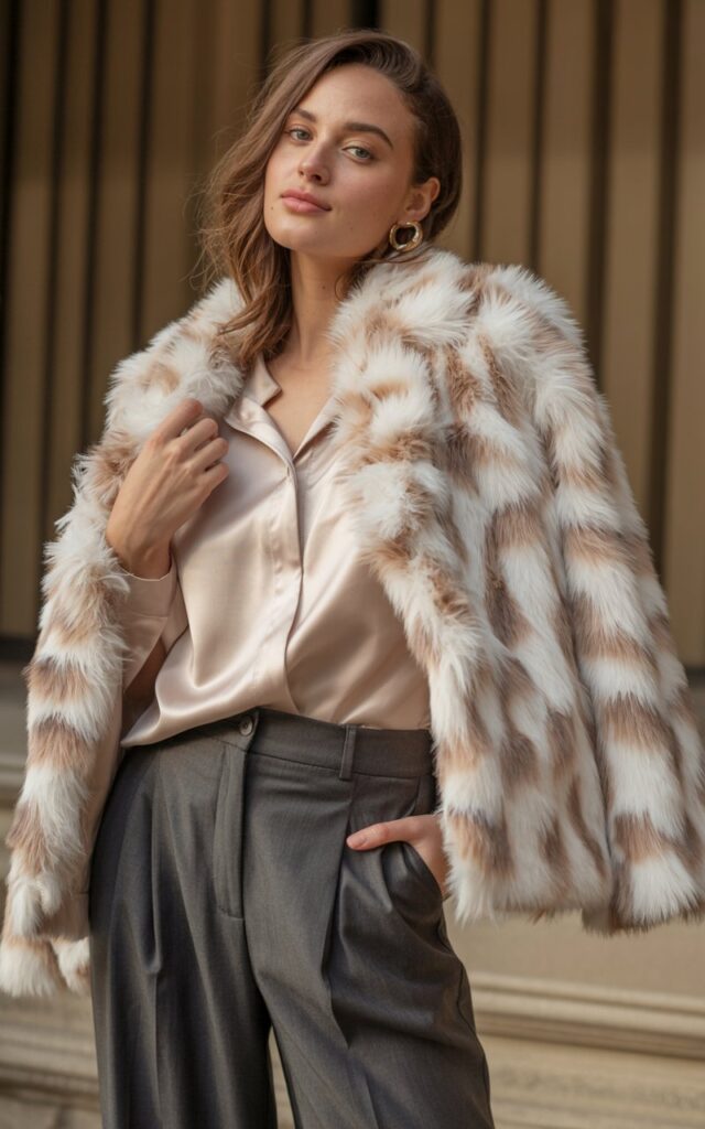 A natural-looking young woman wearing a faux fur coat draped over tailored wide-leg pants and a silk blouse. Theme faux fur coat outfit