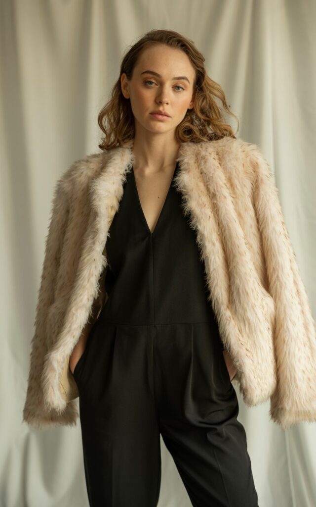 A natural-looking young woman wearing a faux fur coat layered over a sleek, minimalist jumpsuit. Theme faux fur coat outfit