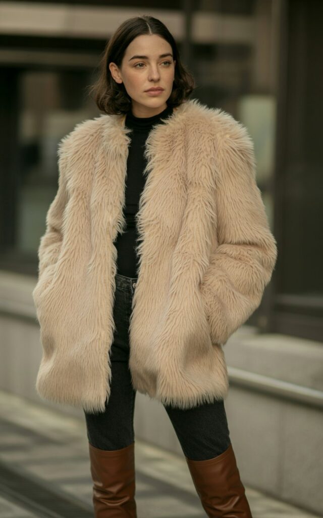 A natural-looking young woman wearing a faux fur coat paired with a minimalist outfit and knee-high boots. Theme faux fur coat outfit