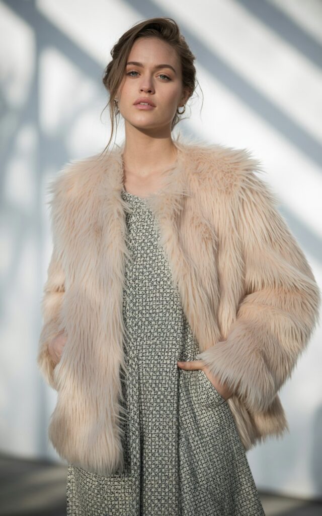 A natural-looking young woman wearing a faux fur coat styled over a simple patterned dress. Theme faux fur coat outfit