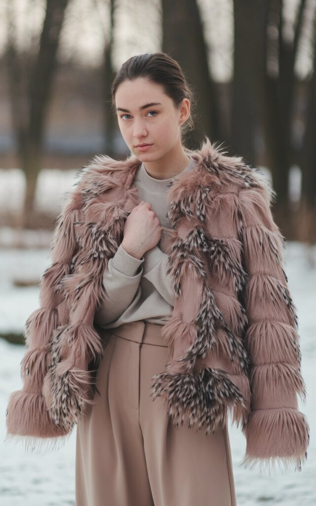 A natural-looking young woman wearing a faux fur jacket styled with minimalist neutral basics. Theme winter outfits aesthetic