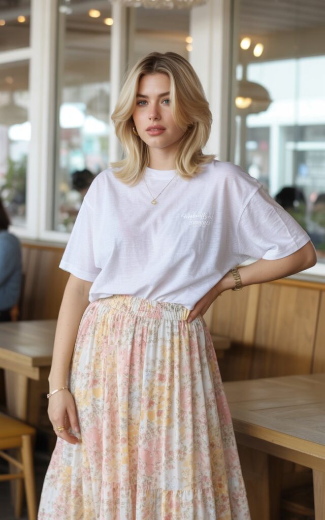 A natural-looking young woman wearing a feminine skirt paired with a relaxed graphic t-shirt. Theme rachel green outfits
