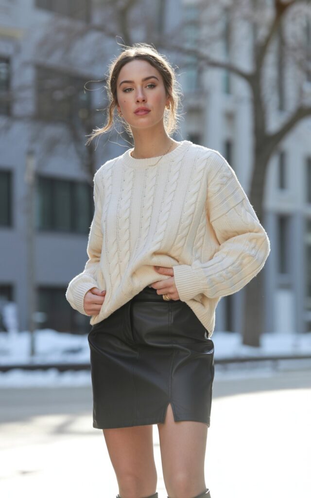 A natural-looking young woman wearing a fitted leather skirt balanced with an oversized cozy sweater. Theme leather skirt outfit winter