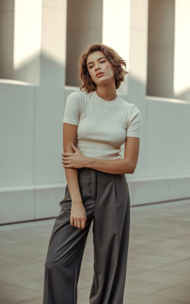A natural-looking young woman wearing a fitted ribbed top balanced with wide-leg pants. Theme stylish outfits