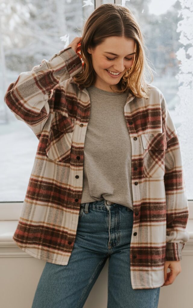 A natural-looking young woman wearing a flannel shirt layered over a neutral tee with straight-leg jeans. Theme cute casual winter outfits