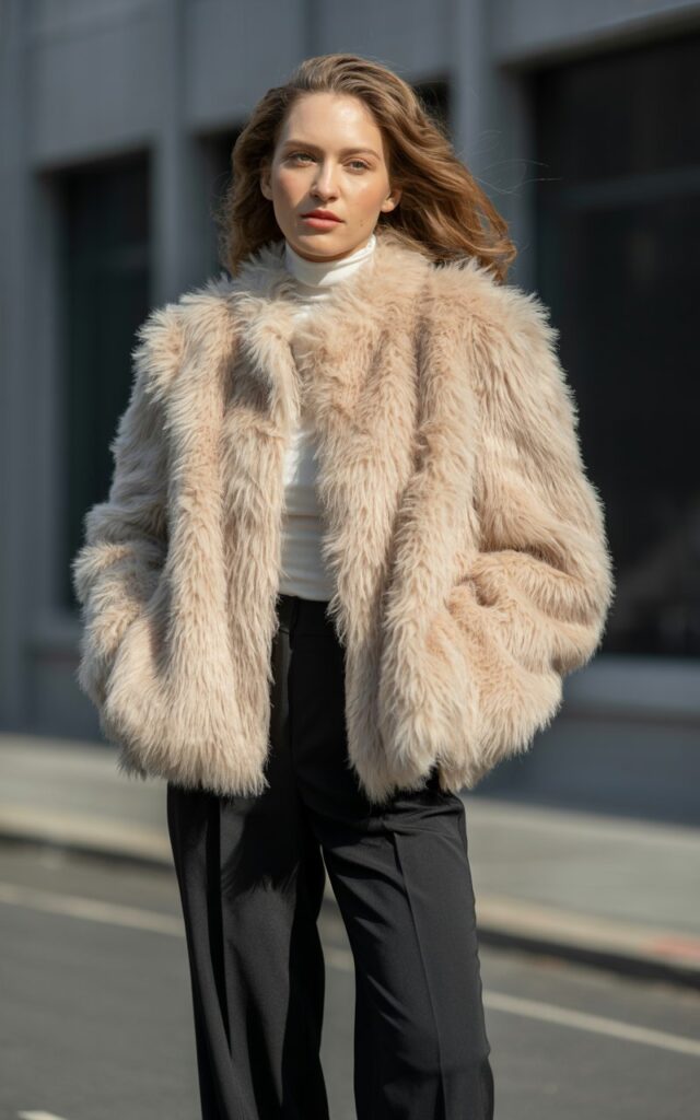 A natural-looking young woman wearing a fluffy faux fur coat softening sharp tailored pieces. Theme faux fur coat outfit