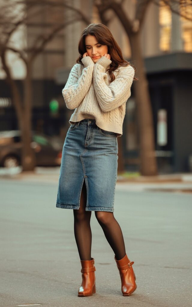A natural-looking young woman wearing a front-slit jean skirt styled with tights and winter boots. Theme jean skirt outfits winter