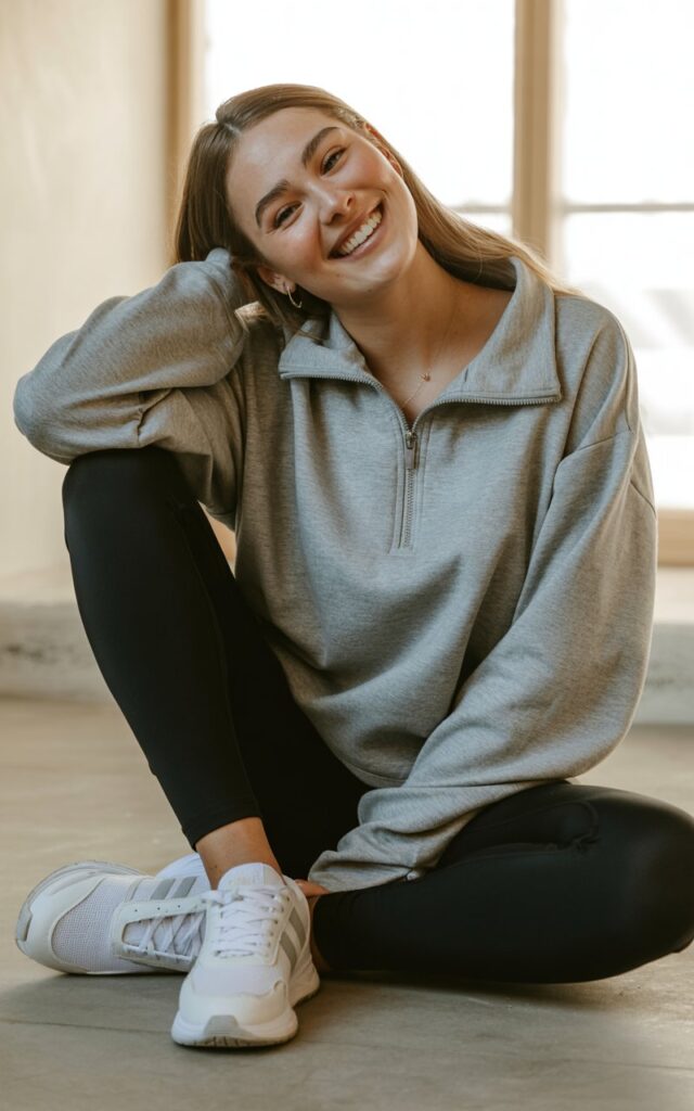 A natural-looking young woman wearing a half-zip pullover paired with leggings and sporty sneakers. Theme chill outfits