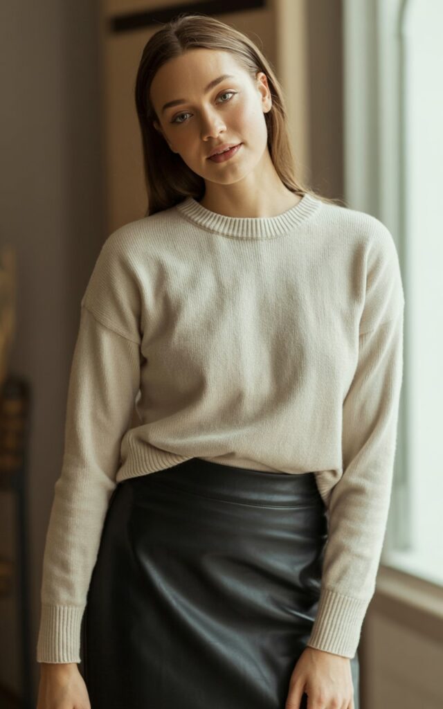 A natural-looking young woman wearing a high-waist leather skirt with a tucked-in fine-gauge knit sweater. Theme leather skirt outfit winter