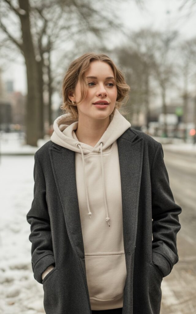 A natural-looking young woman wearing a hoodie layered under a classic wool coat for a casual chic look. Theme winter outfits aesthetic