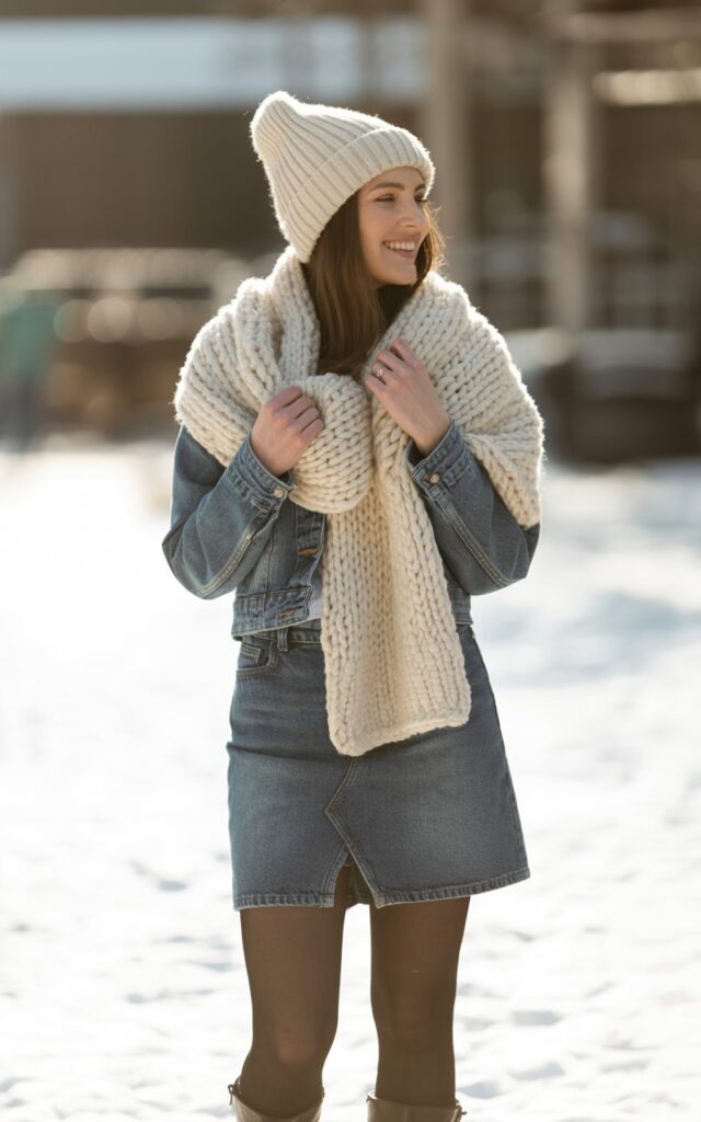 A natural-looking young woman wearing a jean skirt outfit accessorized with a chunky scarf and beanie. Theme jean skirt outfits winter