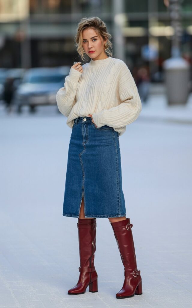 A natural-looking young woman wearing a jean skirt outfit styled with bold statement boots as the focal point. Theme jean skirt outfits winter
