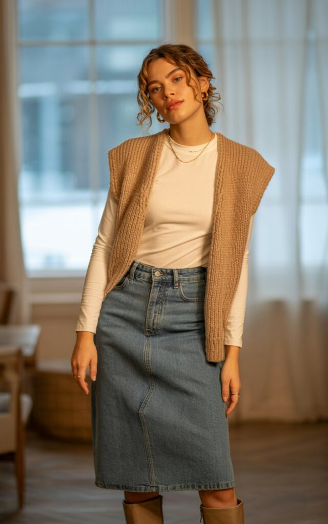 A natural-looking young woman wearing a jean skirt paired with a fitted tee and layered sweater vest. Theme jean skirt outfits winter