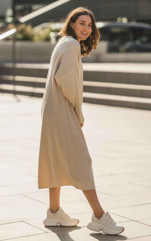 A natural-looking young woman wearing a knit midi dress styled with chunky sneakers. Theme chill outfits