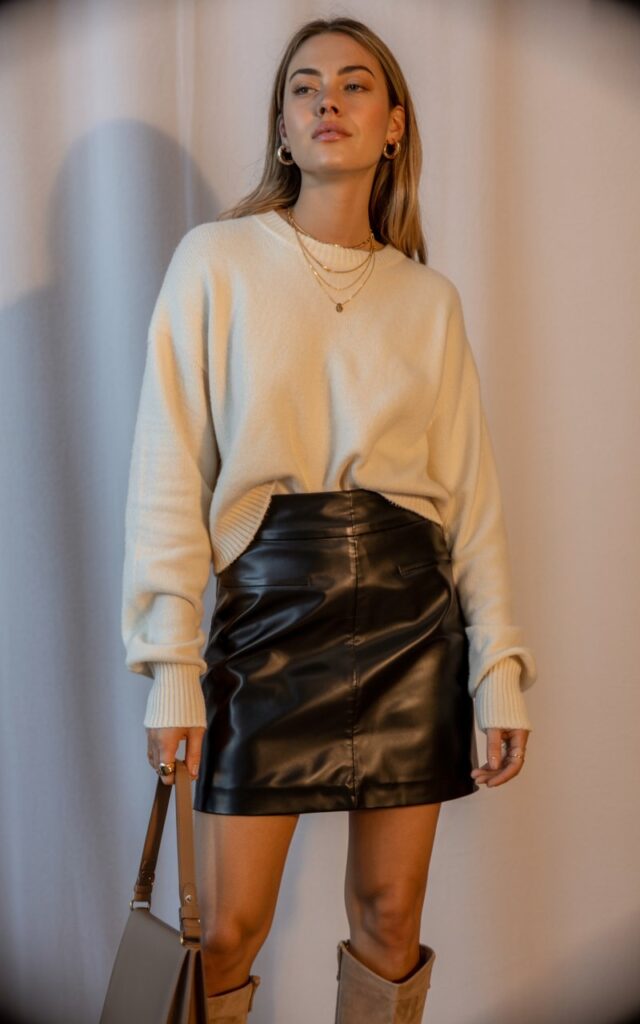 A natural-looking young woman wearing a leather skirt accessorized with minimal gold jewelry. Theme leather skirt outfit winter