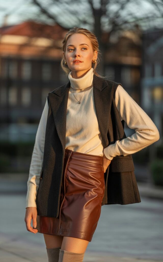 A natural-looking young woman wearing a leather skirt layered with a tailored vest over a winter top. Theme leather skirt outfit winter