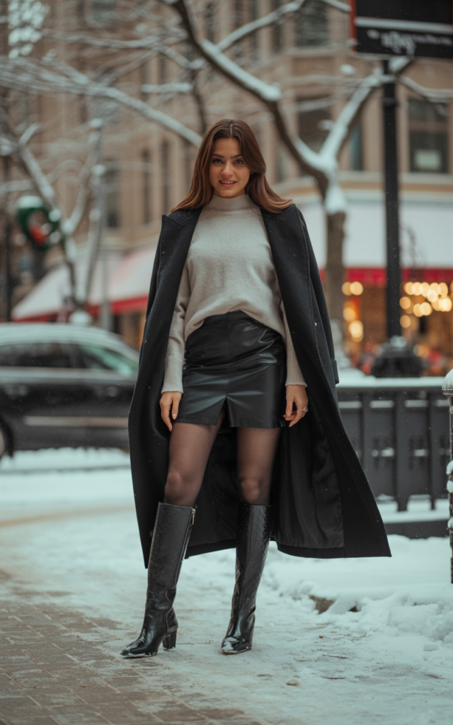 A natural-looking young woman wearing a leather skirt paired with sheer black tights and winter footwear. Theme leather skirt outfit winter