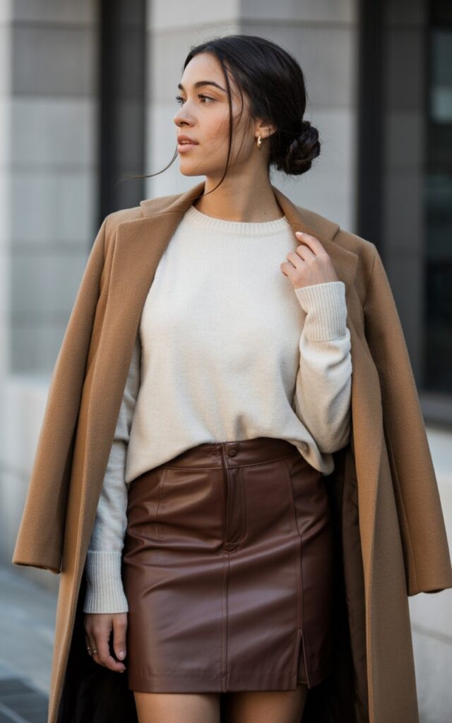 A natural-looking young woman wearing a leather skirt styled with a sleek low bun hairstyle and soft winter layers. Theme leather skirt outfit winter