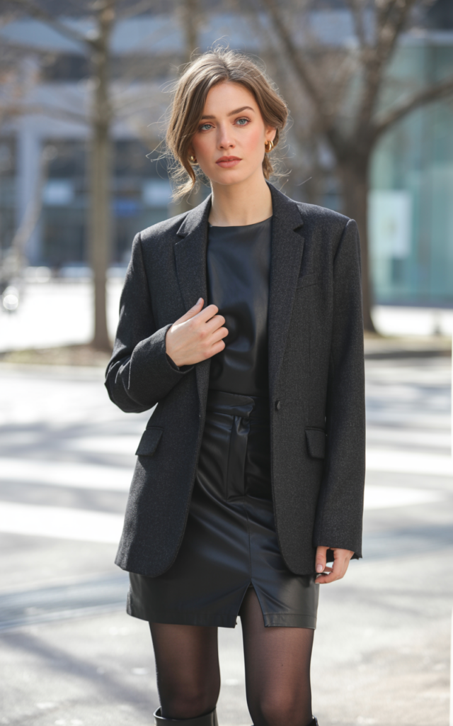 A natural-looking young woman wearing a leather skirt styled with a tailored wool blazer in a classic neutral shade. Theme leather skirt outfit winter