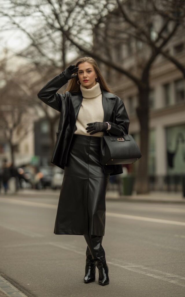 A natural-looking young woman wearing a leather skirt styled with leather gloves and a structured handbag. Theme leather skirt outfit winter