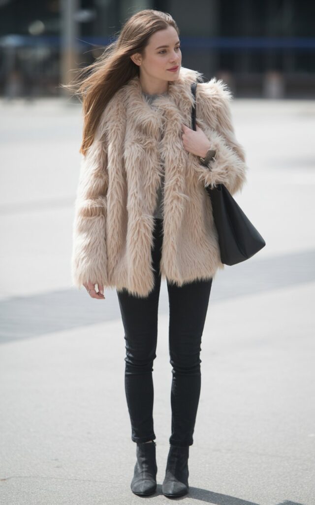A natural-looking young woman wearing a light faux fur coat contrasted with dark winter basics. Theme faux fur coat outfit