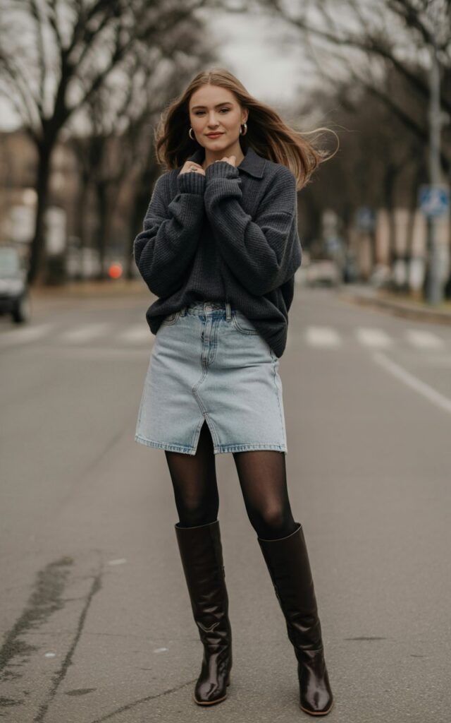 A natural-looking young woman wearing a light-wash jean skirt contrasted with dark winter layers and boots. Theme jean skirt outfits winter