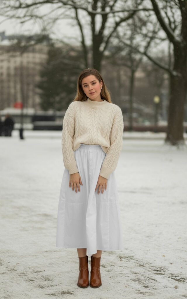 A natural-looking young woman wearing a lightweight sweater tucked into a high-waisted white skirt with ankle boots. Theme white skirt outfit winter