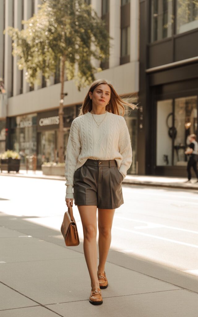 A natural-looking young woman wearing a lightweight sweater tucked into tailored shorts with loafers or sandals. Theme downtown outfits