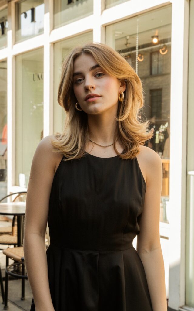 A natural-looking young woman wearing a little black dress styled with minimalist accessories. Theme rachel green outfits