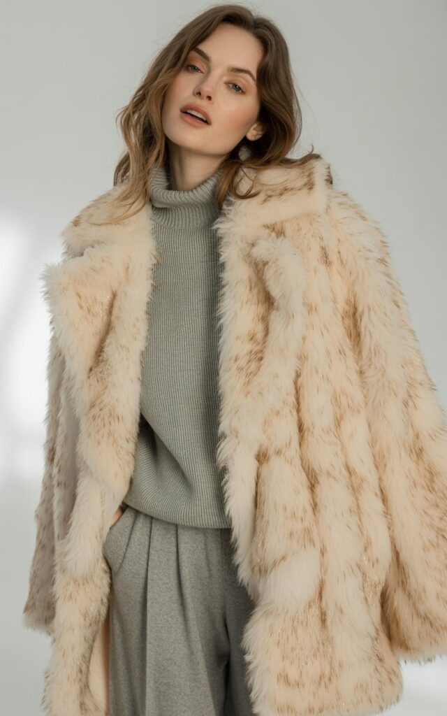 A natural-looking young woman wearing a long faux fur coat styled with a monochrome knit set. Theme faux fur coat outfit
