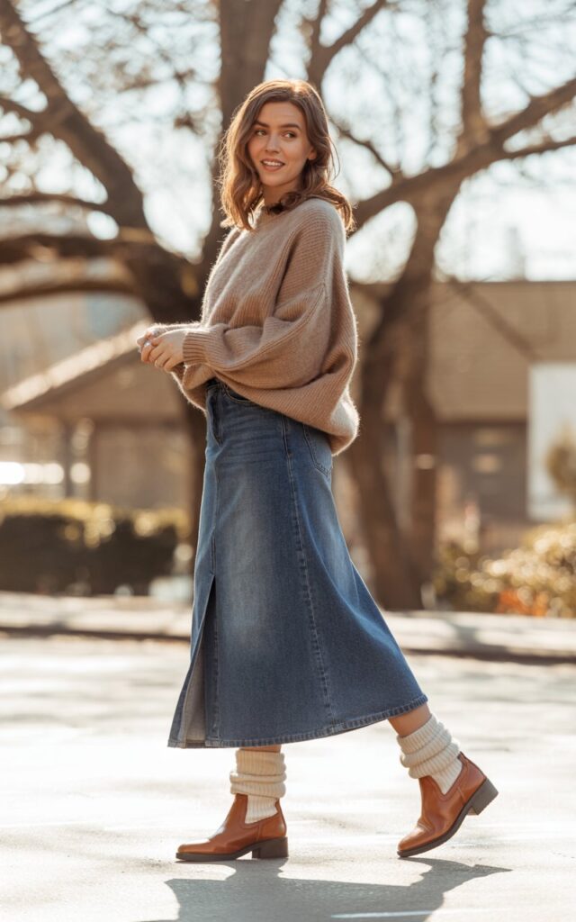A natural-looking young woman wearing a long jean skirt paired with ankle boots and visible cozy socks. Theme jean skirt outfits winter