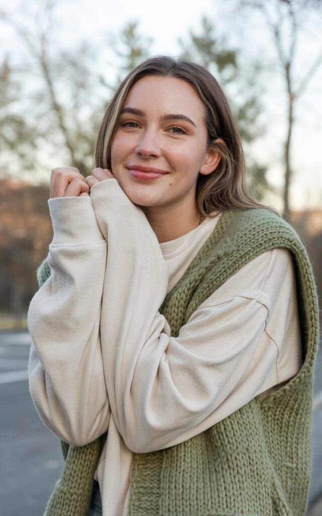 A natural-looking young woman wearing a long-sleeve tee layered under a sleeveless sweater vest. Theme cute casual winter outfits