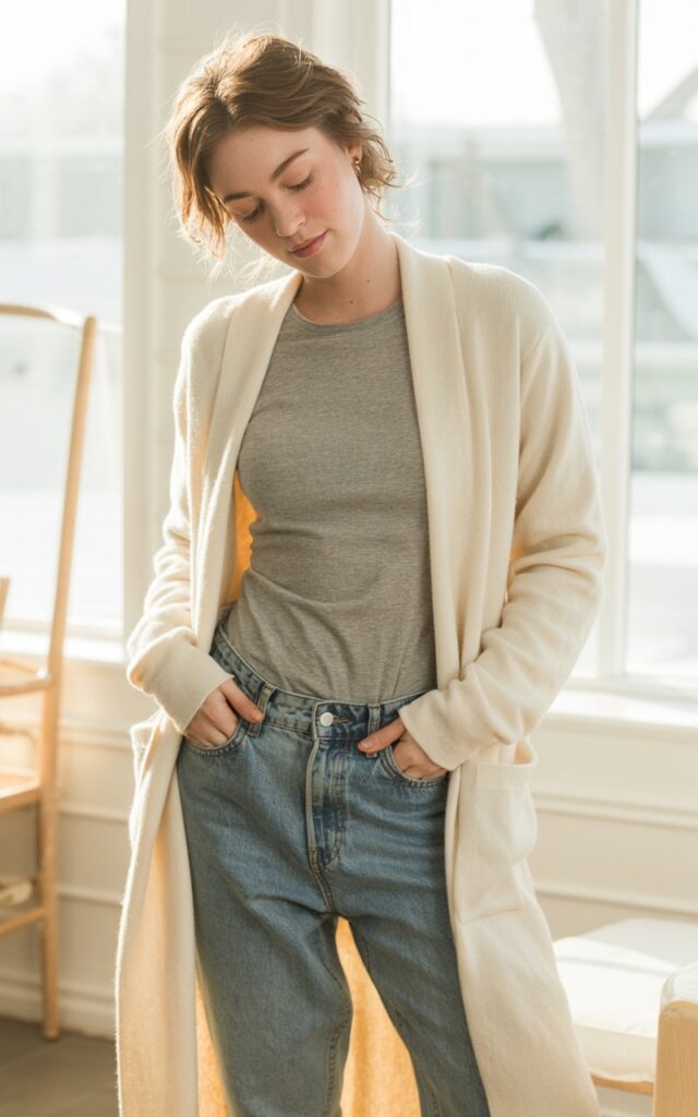 A natural-looking young woman wearing a longline cardigan over a fitted tee paired with relaxed denim. Theme cute casual winter outfits