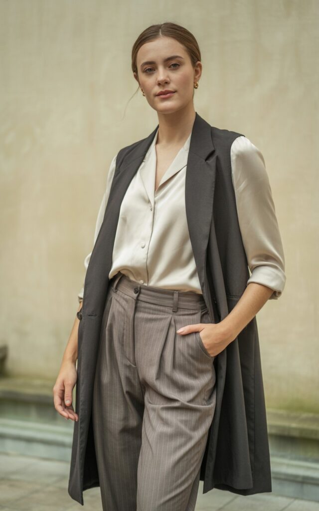 A natural-looking young woman wearing a longline vest layered over a neutral top and tailored pants. Theme semi formal outfits for women