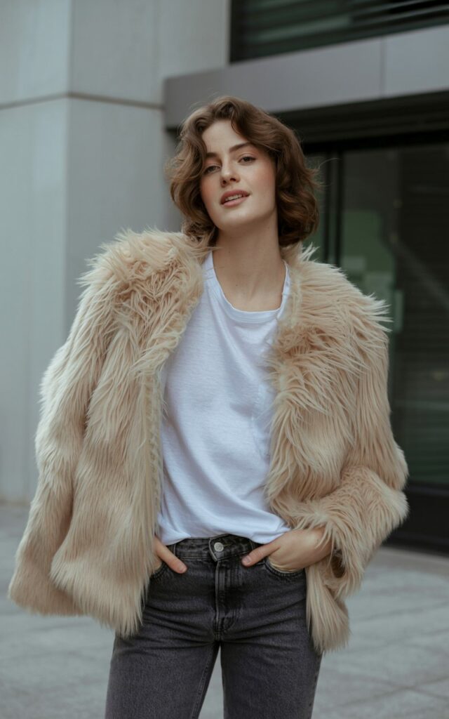 A natural-looking young woman wearing a luxe faux fur coat elevating a basic jeans-and-tee outfit. Theme faux fur coat outfit