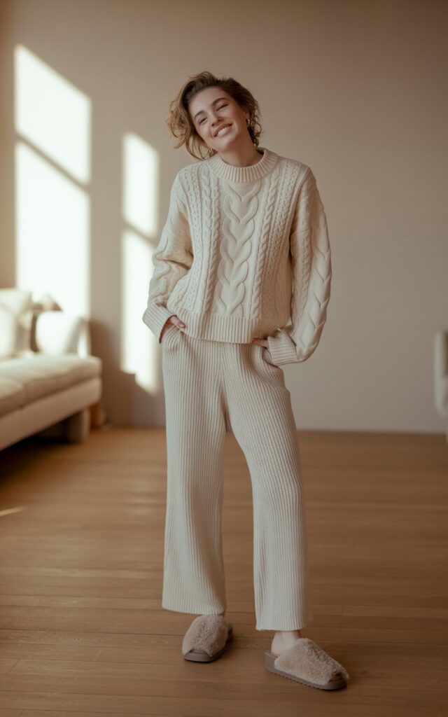 A natural-looking young woman wearing a matching knit set styled with cozy slip-on shoes. Theme cute casual winter outfits