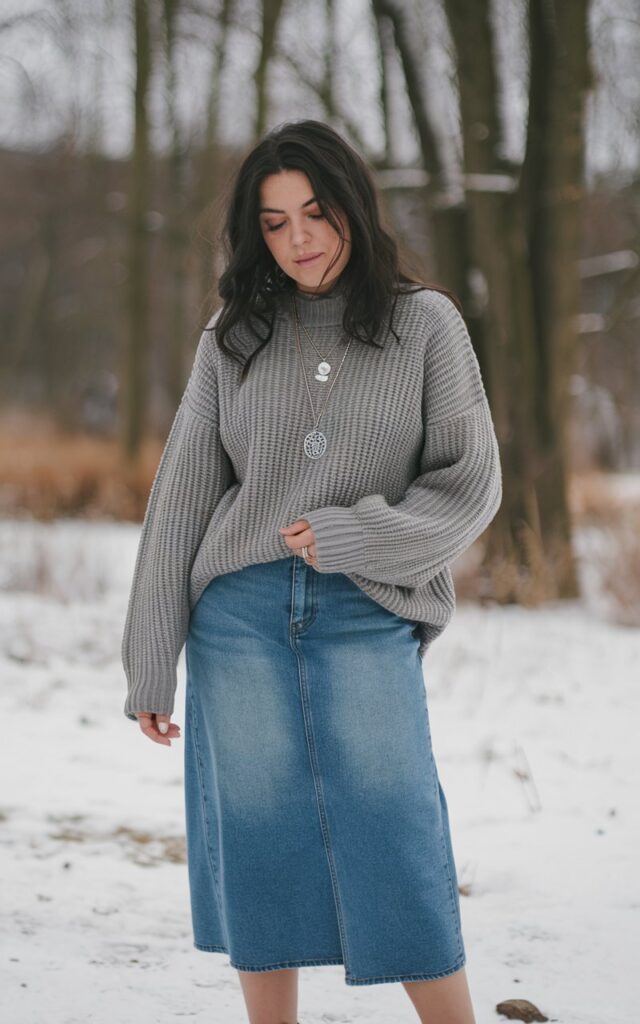 A natural-looking young woman wearing a midi jean skirt layered with an oversized knit sweater and ankle boots. Theme jean skirt outfits winter