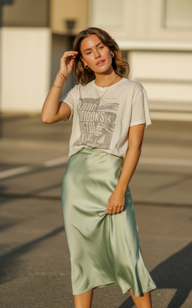A natural-looking young woman wearing a midi slip skirt paired with a relaxed graphic tee. Theme stylish outfits