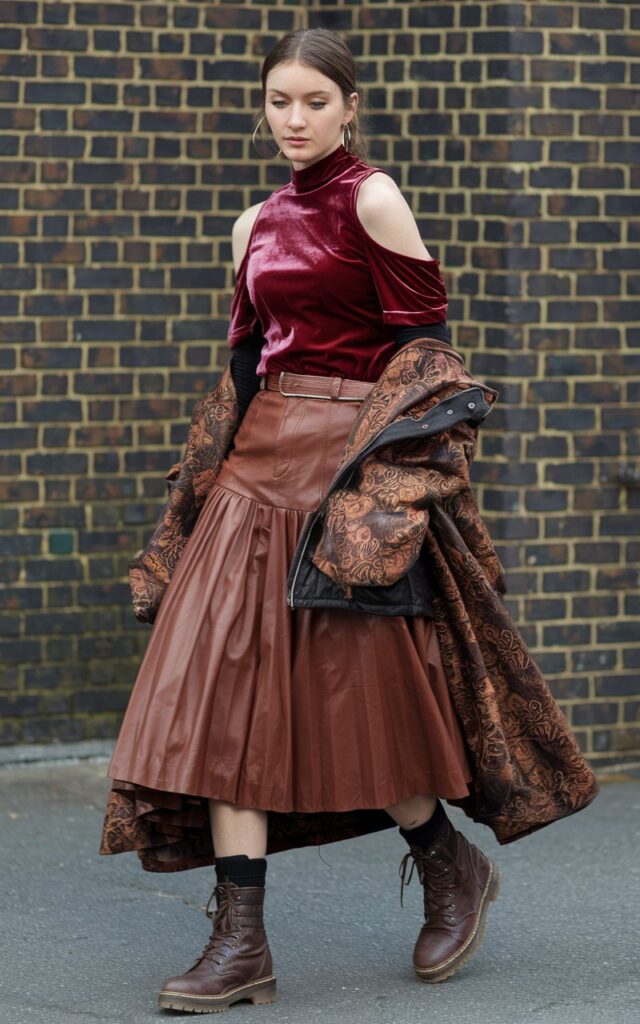 A natural-looking young woman wearing a mix of velvet, leather, and lace textures. Theme 80s outfits