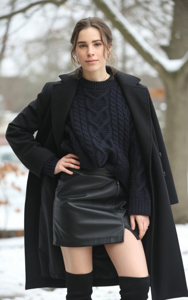 A natural-looking young woman wearing a monochrome black leather skirt outfit with mixed winter textures. Theme leather skirt outfit winter