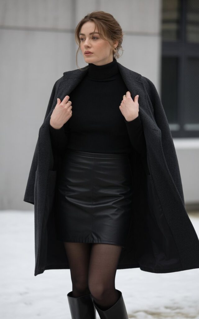 A natural-looking young woman wearing a monochrome black outfit featuring a black mini skirt and layered winter pieces. Theme black mini skirt outfit winter
