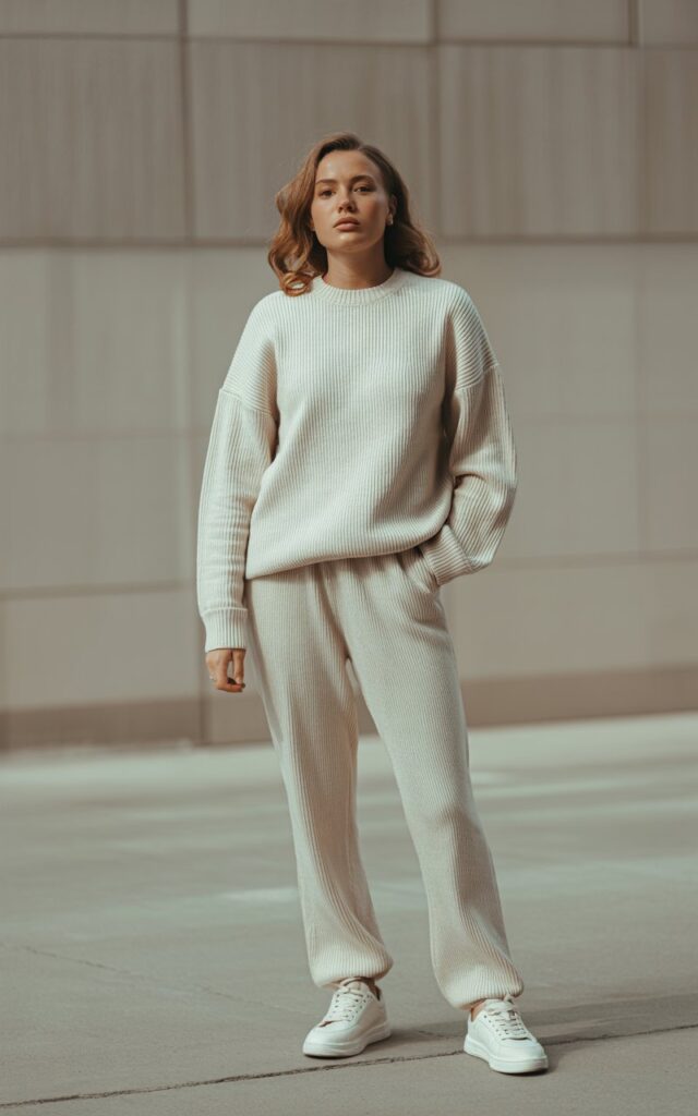 A natural-looking young woman wearing a monochrome knit set styled with minimal sneakers. Theme stylish outfits