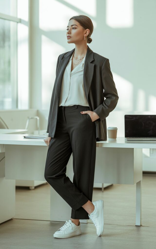 A natural-looking young woman wearing a monochrome outfit finished with clean white sneakers. Theme casual work outfits