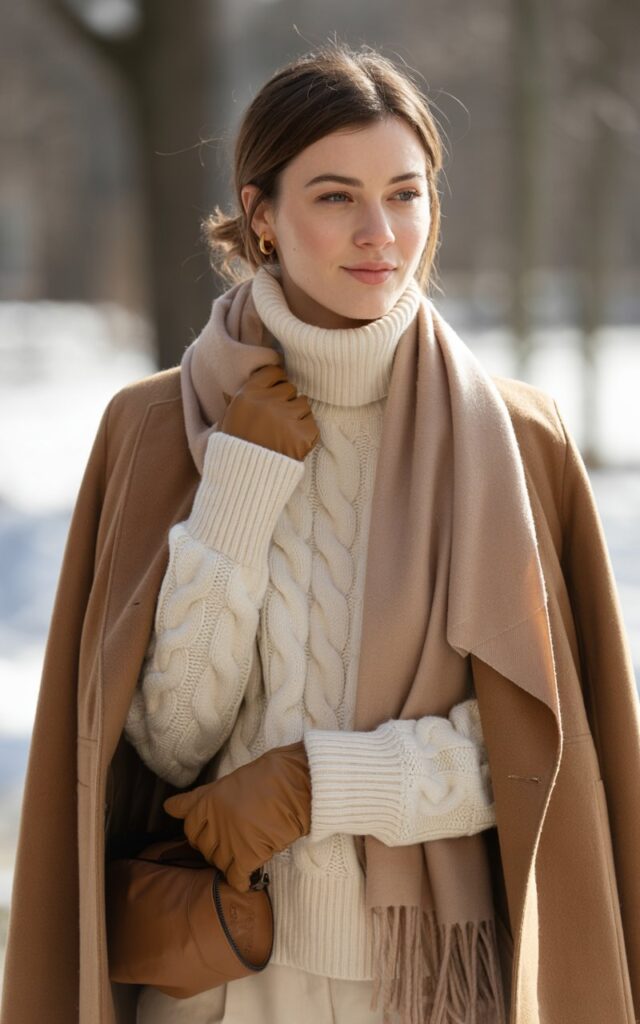 A natural-looking young woman wearing a monochrome outfit in warm winter tones with mixed textures. Theme winter outfits aesthetic