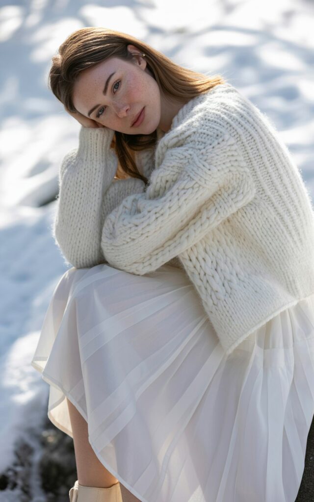 A natural-looking young woman wearing a monochrome white outfit featuring a white skirt and soft winter knit textures. Theme white skirt outfit winter