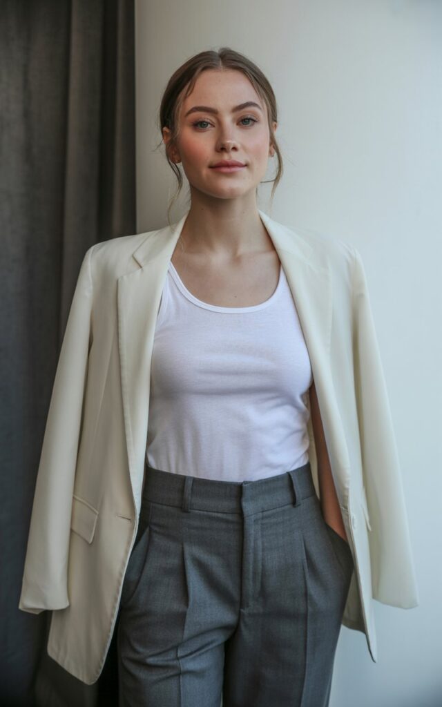 A natural-looking young woman wearing a neutral blazer layered over a simple tank and tailored trousers. Theme stylish outfits