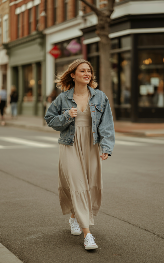 A natural-looking young woman wearing a neutral maxi dress layered with a classic denim jacket and comfortable footwear. Theme downtown outfits