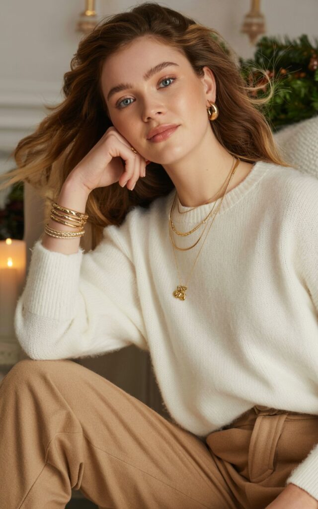 A natural-looking young woman wearing a neutral outfit finished with festive gold jewelry. Theme christmas party outfits