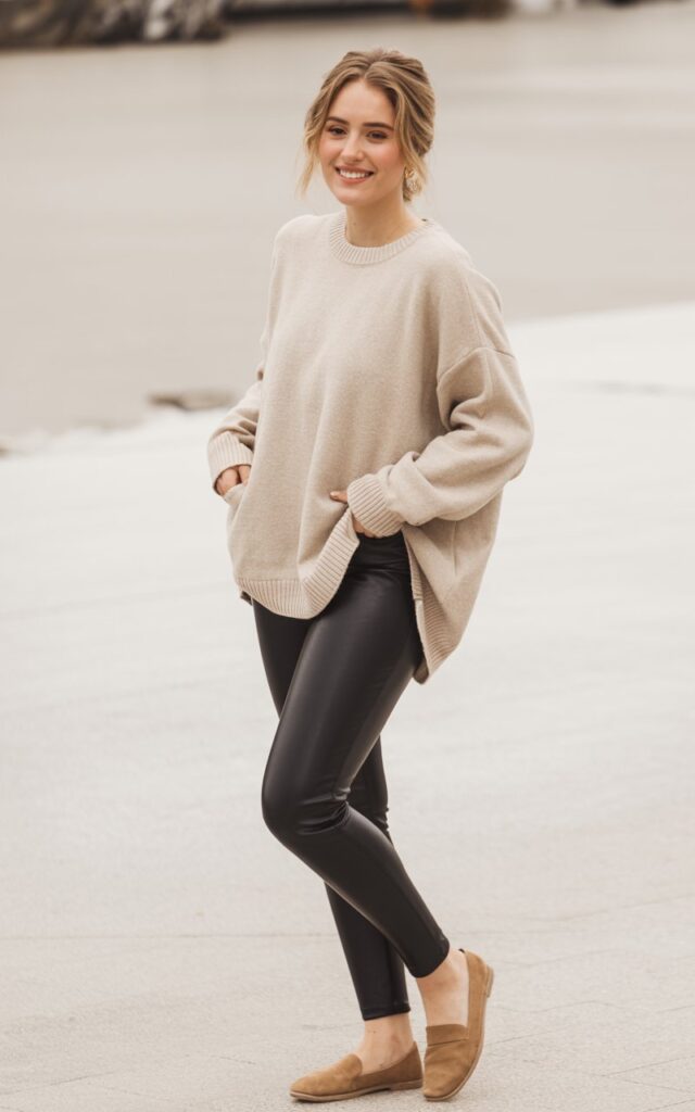 A natural-looking young woman wearing a neutral pullover styled with faux-leather leggings and flats. Theme cute casual winter outfits
