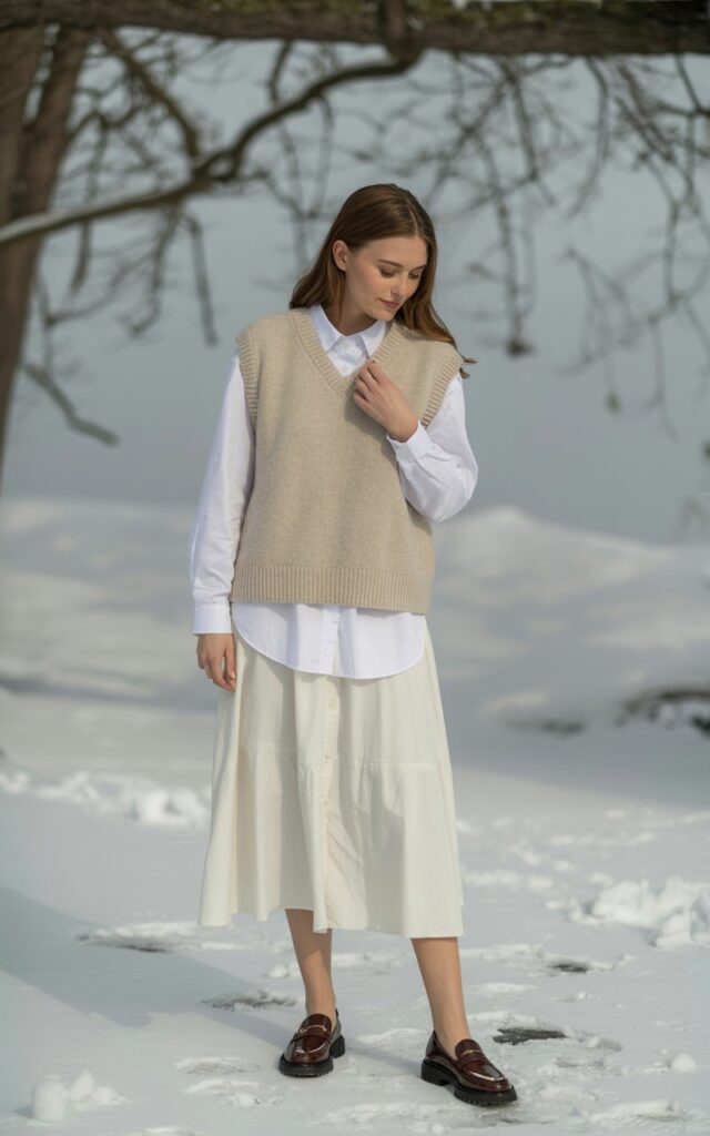 A natural-looking young woman wearing a neutral sweater vest layered over a button-down shirt with a white skirt and loafers. Theme white skirt outfit winter